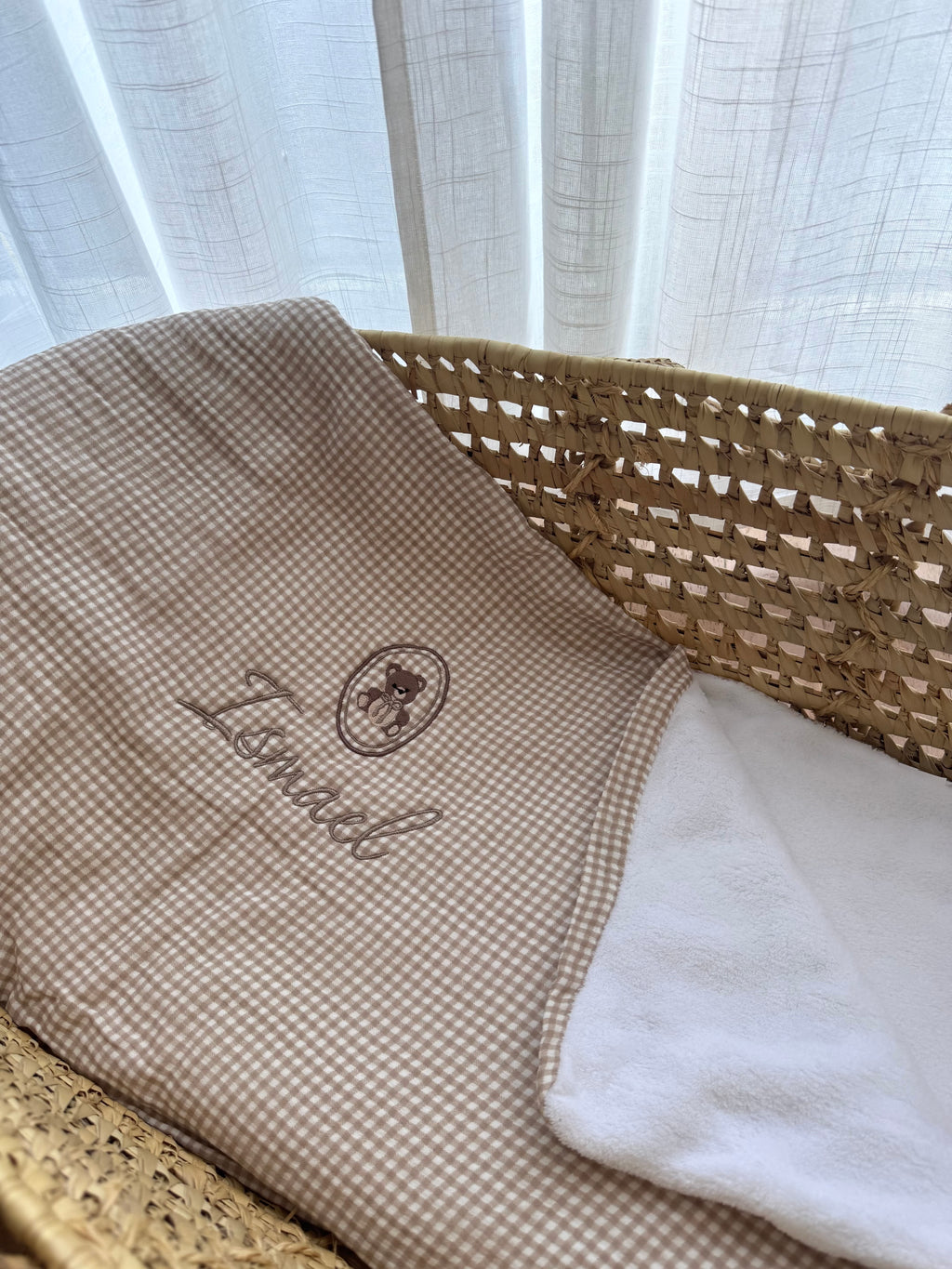 Couverture gaze de coton doublé polaire personnalisée - Vichy beige