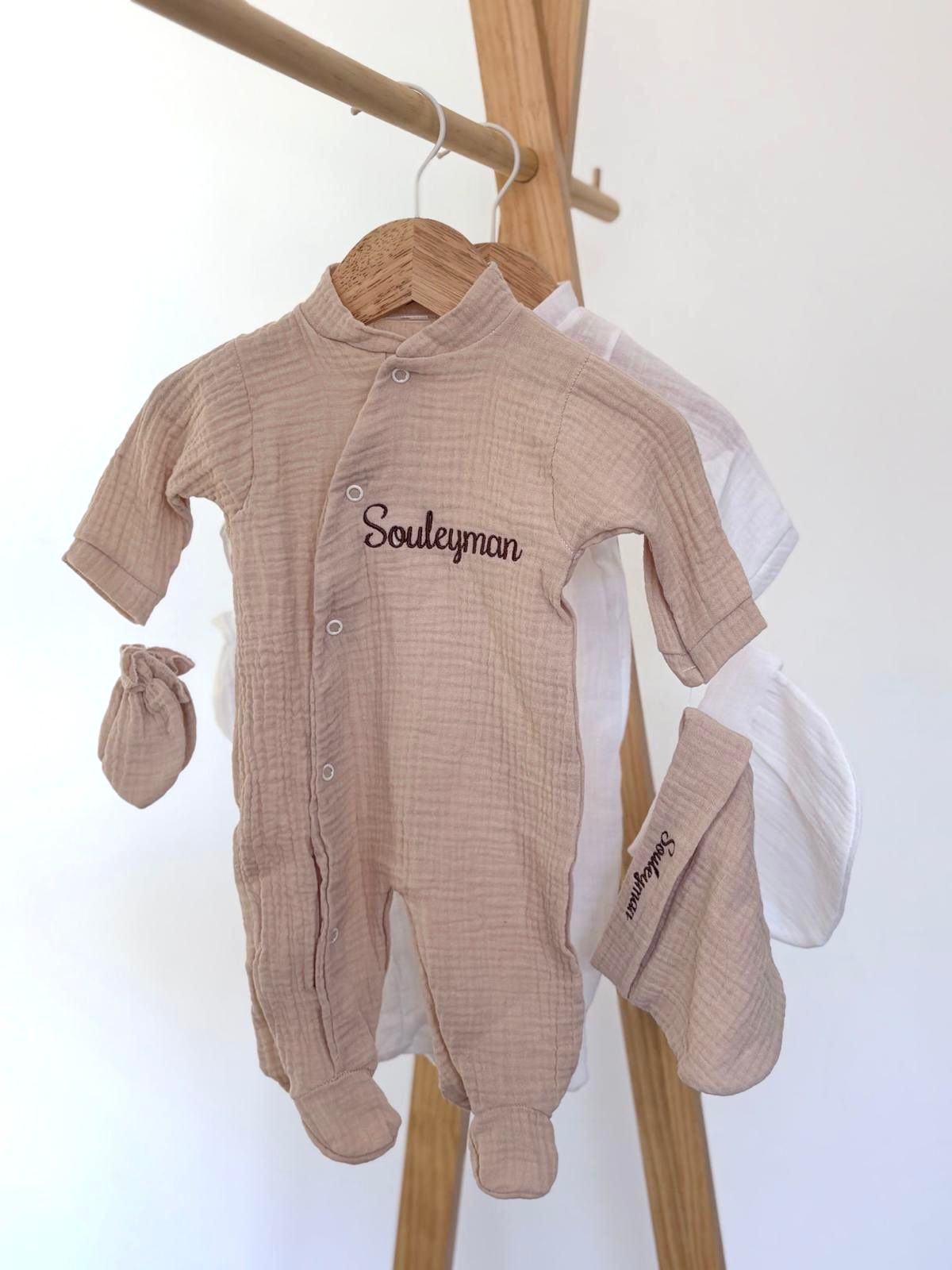 Ensemble naissance en gaze de coton 3 pièces personnalisé